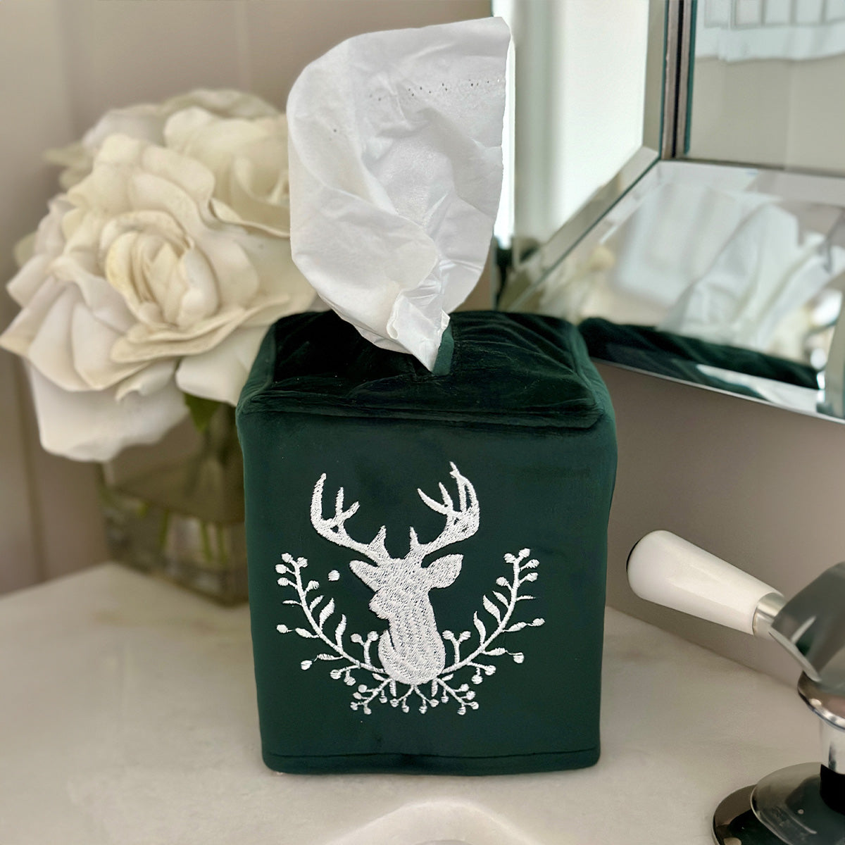 Stag with Holly Berries Velvet Tissue Box Cover