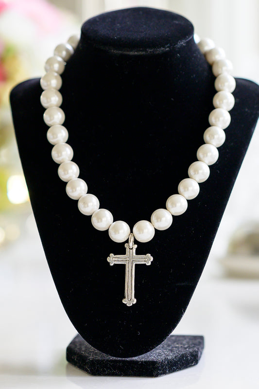 Pearl and Pewter Cross Necklace