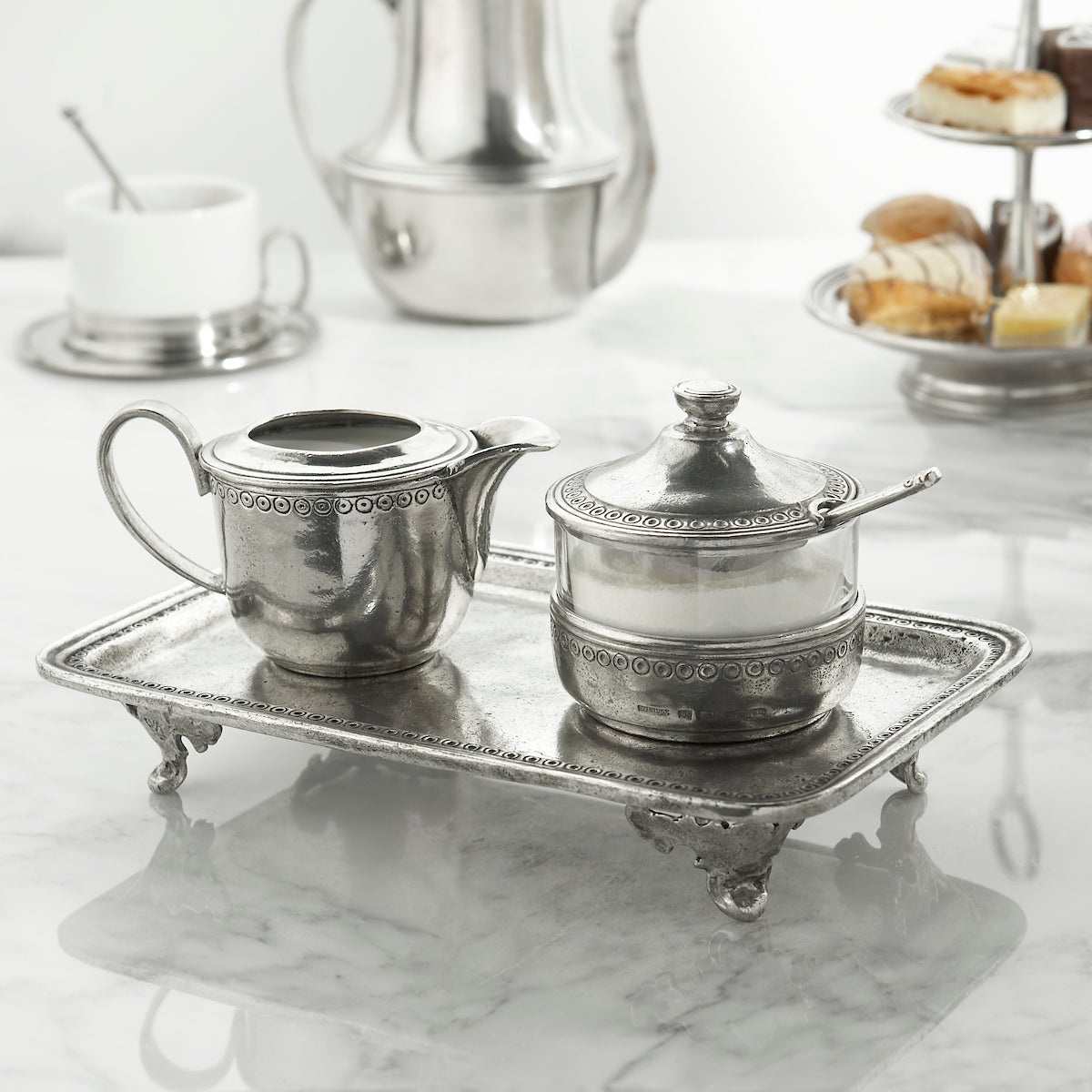 Arte Italica Sugar (Pewter lid & double deals handles & base) & Matching Creamer