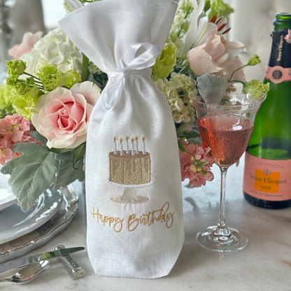 Happy Birthday Cake Linen Wine Bag