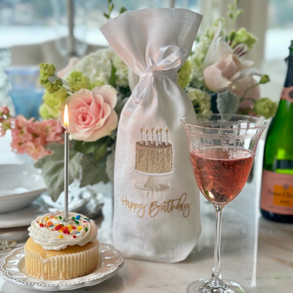 Happy Birthday Cake Linen Wine Bag