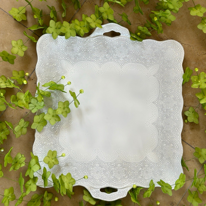 Merletto White Square Platter with Handles