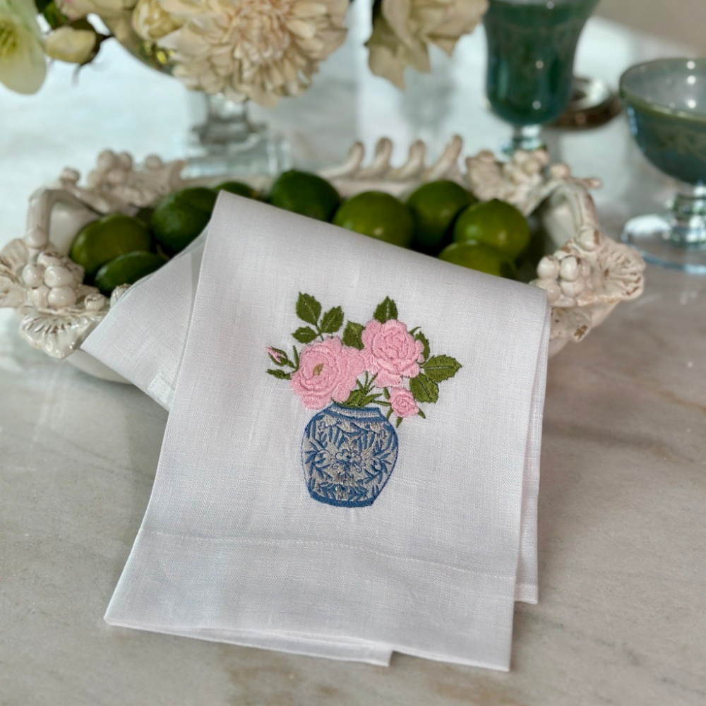 Chinoiserie Jar with Roses Linen Towel