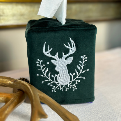 Stag with Holly Berries Velvet Tissue Box Cover