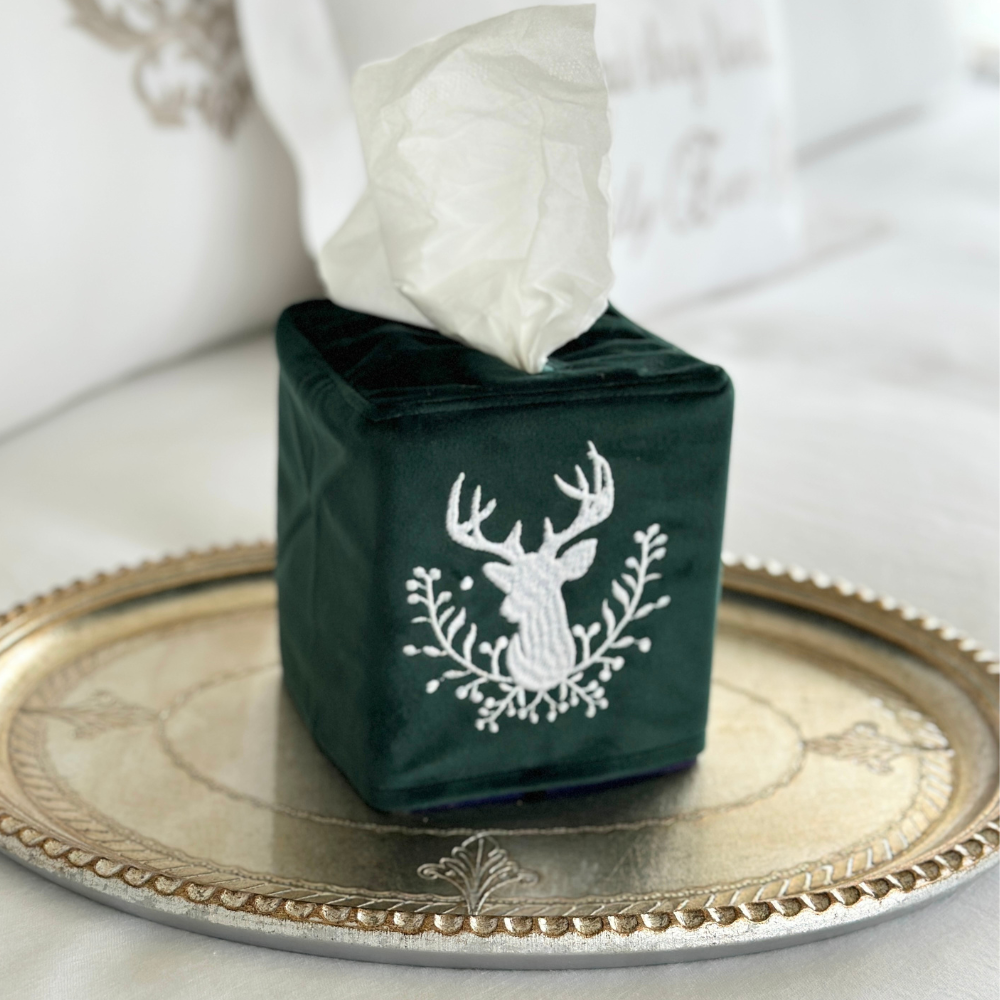 Stag with Holly Berries Velvet Tissue Box Cover