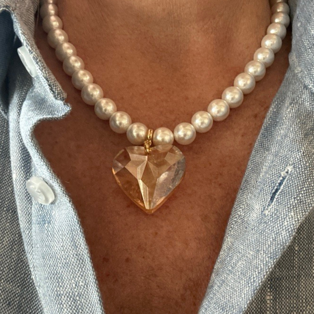 Pearl with Amber Glass Heart Necklace - New - Online Only