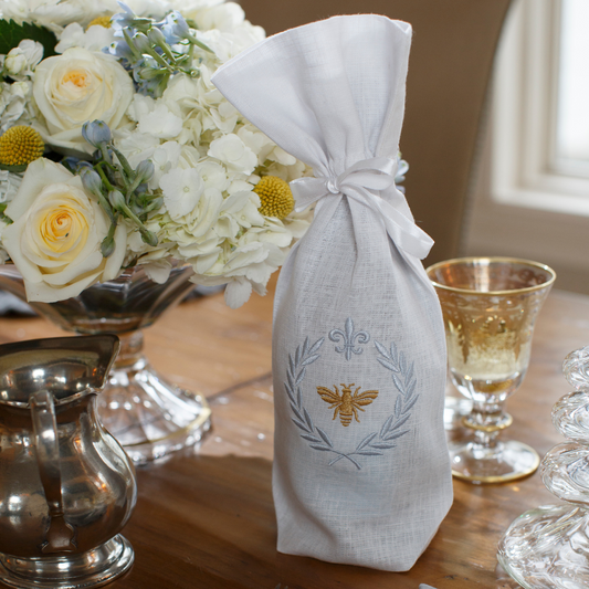 Italian Bee Linen Wine Bag