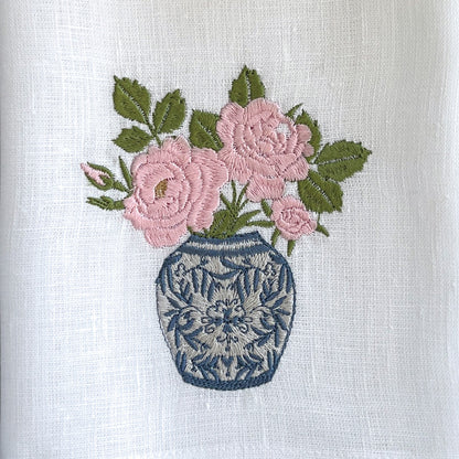 Chinoiserie Jar with Roses Linen Towel