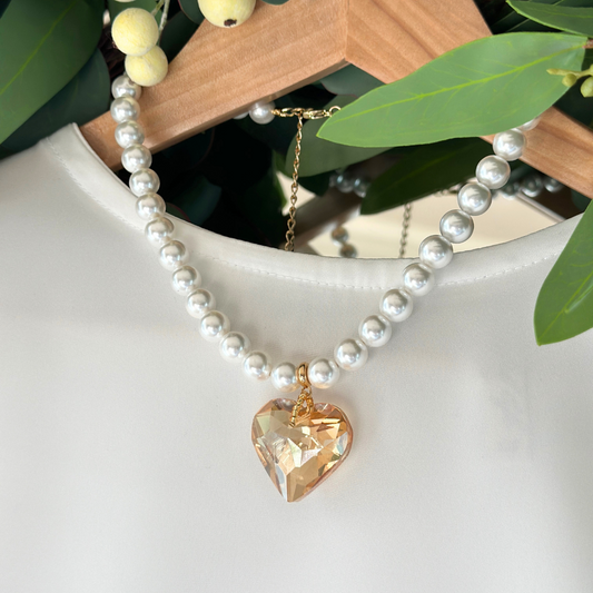 Pearl with Amber Glass Heart Necklace - New - Online Only