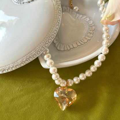 Pearl with Amber Glass Heart Necklace - New - Online Only