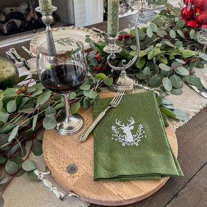 Stag with Holly Berries Linen Tri-Fold Napkin